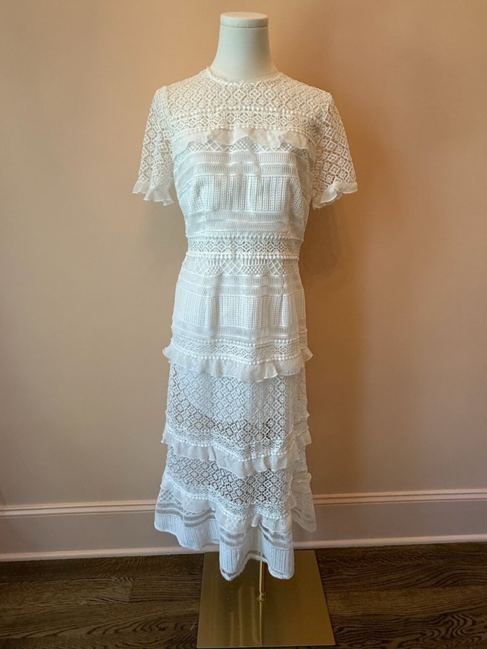 Foxiedox White Lace Crochet Midi Dress Ruffle Detail Size M